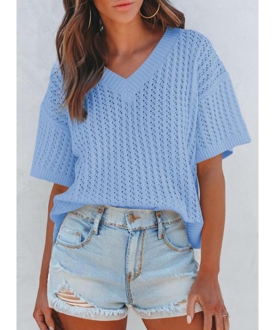 Womens Casual Summer Tops V Neck Short Sleeve Shirts Solid Hollow Out Lightweight Loose Fit Sweater Blouses Sky Blue $16.00 S...