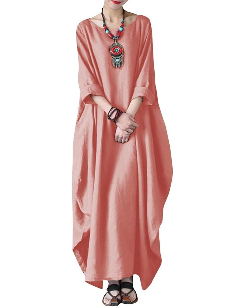 Autumn Solid Loose Long Maxi Dress Cotton Caftan A-pink $28.55 Dresses