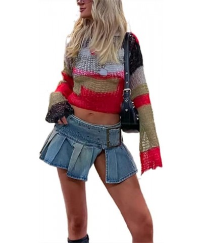 Women' s Y2K Crochet Crop Top See Through Hollow Out Sweater Pullover Long Sleeve Knit Color Block Casual Streetwear Colorful...