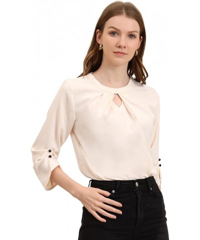 Work Office Shirt for Women's Keyhole Pleated Chiffon Ruched 3/4 Sleeve Blouse Beige $11.94 Blouses