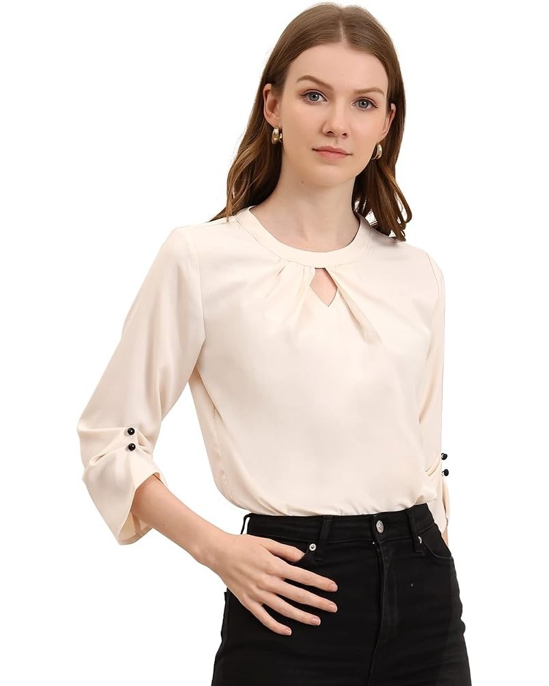 Work Office Shirt for Women's Keyhole Pleated Chiffon Ruched 3/4 Sleeve Blouse Beige $11.94 Blouses