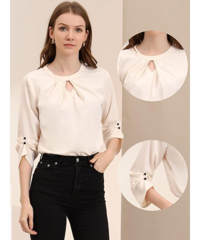 Work Office Shirt for Women's Keyhole Pleated Chiffon Ruched 3/4 Sleeve Blouse Beige $11.94 Blouses