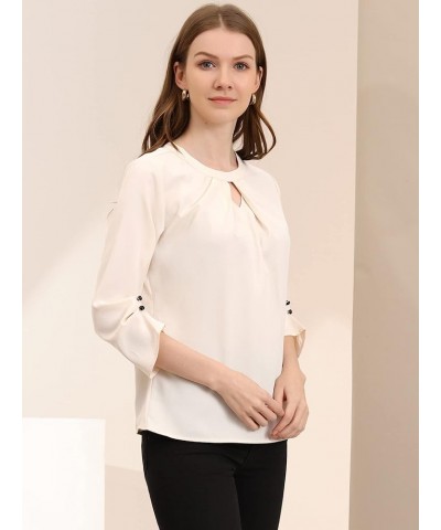 Work Office Shirt for Women's Keyhole Pleated Chiffon Ruched 3/4 Sleeve Blouse Beige $11.94 Blouses