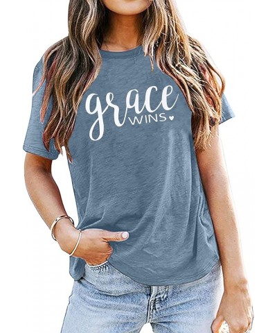 Women Christian Shirts Faith Letter Print Tees Religious T-Shirts Easter Jesus Short Sleeve Casual Tee Tops Light Blue $11.76...