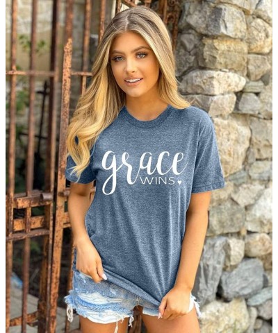 Women Christian Shirts Faith Letter Print Tees Religious T-Shirts Easter Jesus Short Sleeve Casual Tee Tops Light Blue $11.76...