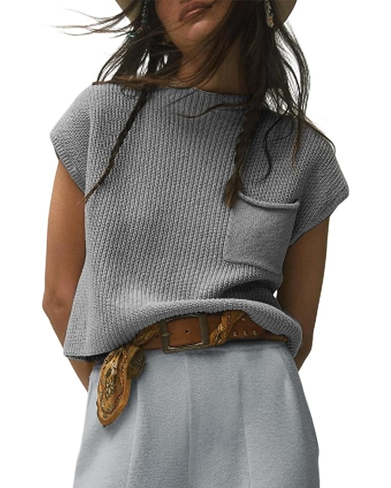 Women's Vintage Cap Sleeve Crew Neck Knitted Sweater Vest Casual Mock Neck Pullover Tops Grey $11.04 Sweaters