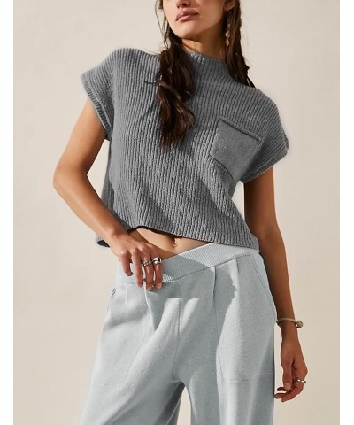 Women's Vintage Cap Sleeve Crew Neck Knitted Sweater Vest Casual Mock Neck Pullover Tops Grey $11.04 Sweaters