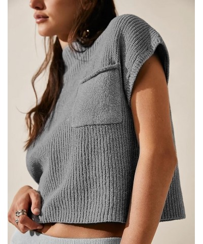 Women's Vintage Cap Sleeve Crew Neck Knitted Sweater Vest Casual Mock Neck Pullover Tops Grey $11.04 Sweaters