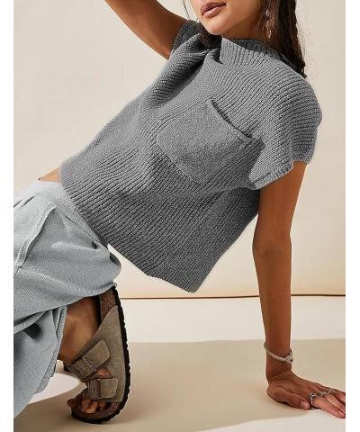 Women's Vintage Cap Sleeve Crew Neck Knitted Sweater Vest Casual Mock Neck Pullover Tops Grey $11.04 Sweaters