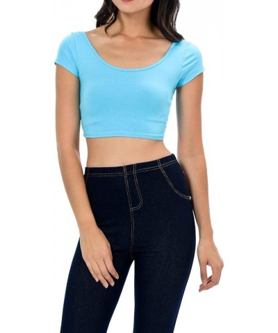 Womens Trendy Solid Color Basic Scooped Neck and Back Crop Top Aqua $15.94 Blouses