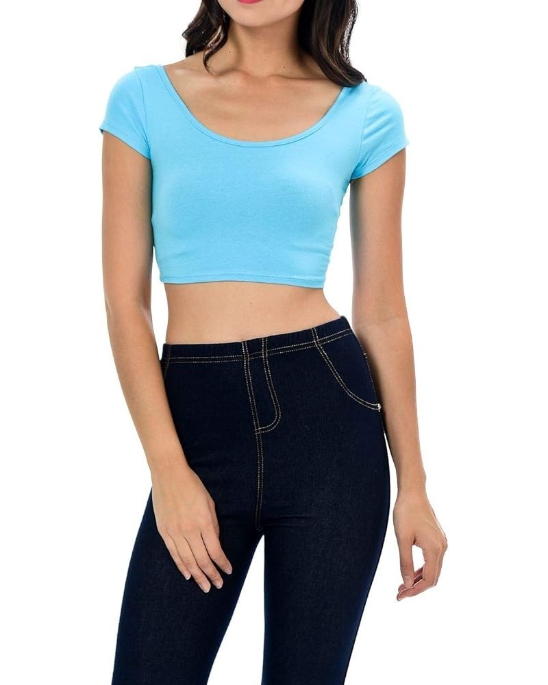 Womens Trendy Solid Color Basic Scooped Neck and Back Crop Top Aqua $15.94 Blouses