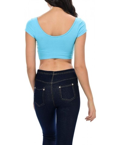 Womens Trendy Solid Color Basic Scooped Neck and Back Crop Top Aqua $15.94 Blouses