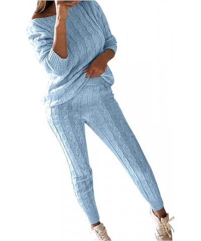 Women Winter Plus Size Cable Knitted Warm Loungewear Suit Sets 2 Piece Tops and Pants Azure $21.07 Activewear