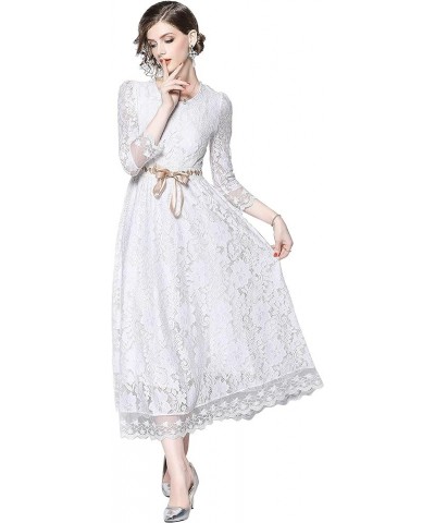 Women's Floral Lace Short Sleeve Round Neck Bridesmaid Party Dress White $22.54 Dresses