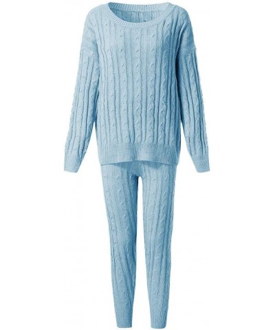 Women Winter Plus Size Cable Knitted Warm Loungewear Suit Sets 2 Piece Tops and Pants Azure $21.07 Activewear