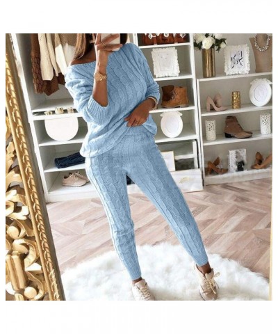 Women Winter Plus Size Cable Knitted Warm Loungewear Suit Sets 2 Piece Tops and Pants Azure $21.07 Activewear