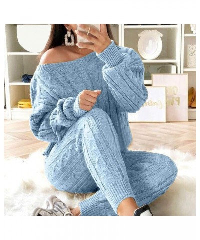 Women Winter Plus Size Cable Knitted Warm Loungewear Suit Sets 2 Piece Tops and Pants Azure $21.07 Activewear