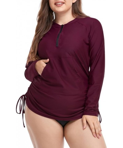 Plus Size Rash Guard for Women UPF 50+ Zip Drawstring Ruched Pocket Top Burgundy $12.00 Swimsuits