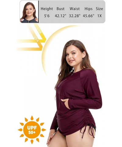 Plus Size Rash Guard for Women UPF 50+ Zip Drawstring Ruched Pocket Top Burgundy $12.00 Swimsuits