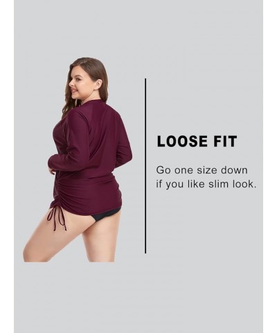 Plus Size Rash Guard for Women UPF 50+ Zip Drawstring Ruched Pocket Top Burgundy $12.00 Swimsuits