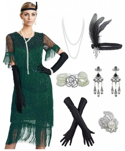 1920s Sequin Vintage Dress Beaded Gatsby Flapper Dress with Accessories Set Tassel 2 & Green $30.55 Sets