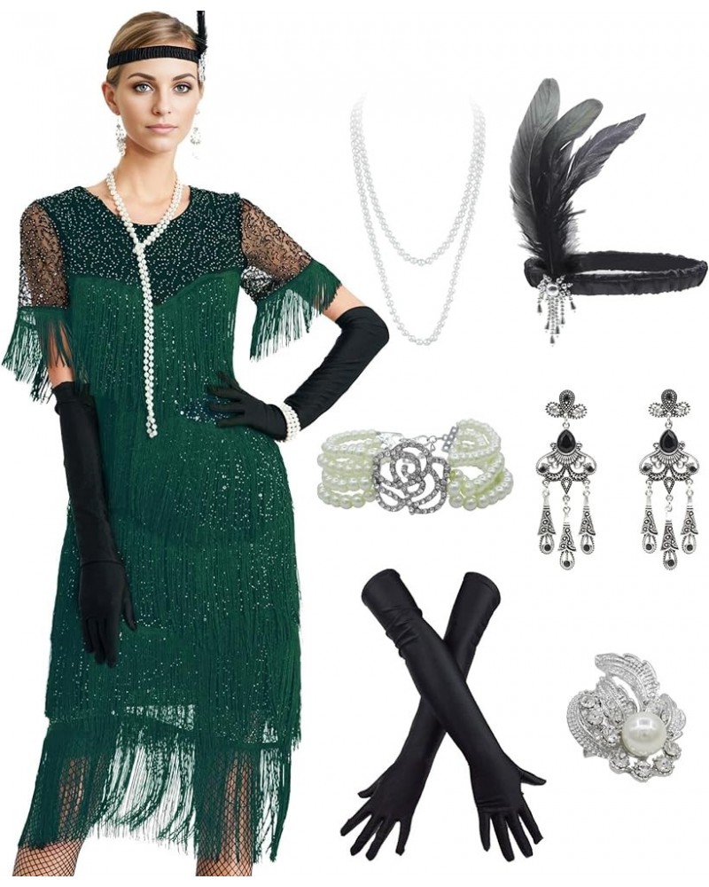 1920s Sequin Vintage Dress Beaded Gatsby Flapper Dress with Accessories Set Tassel 2 & Green $30.55 Sets