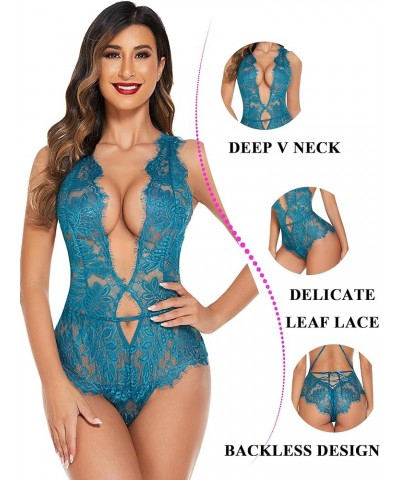 Women One Piece Lingerie Lace Bodysuit Deep V Teddy Mini Babydoll Blue Green $9.89 Bodysuits