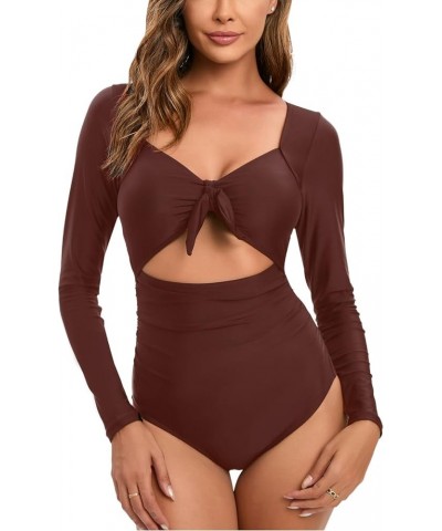 Women's One Piece Long Sleeve Swimsuit Sexy Tummy Control high Waist Rash Guard Bathing Suit Brown-567029 $21.83 Swimsuits