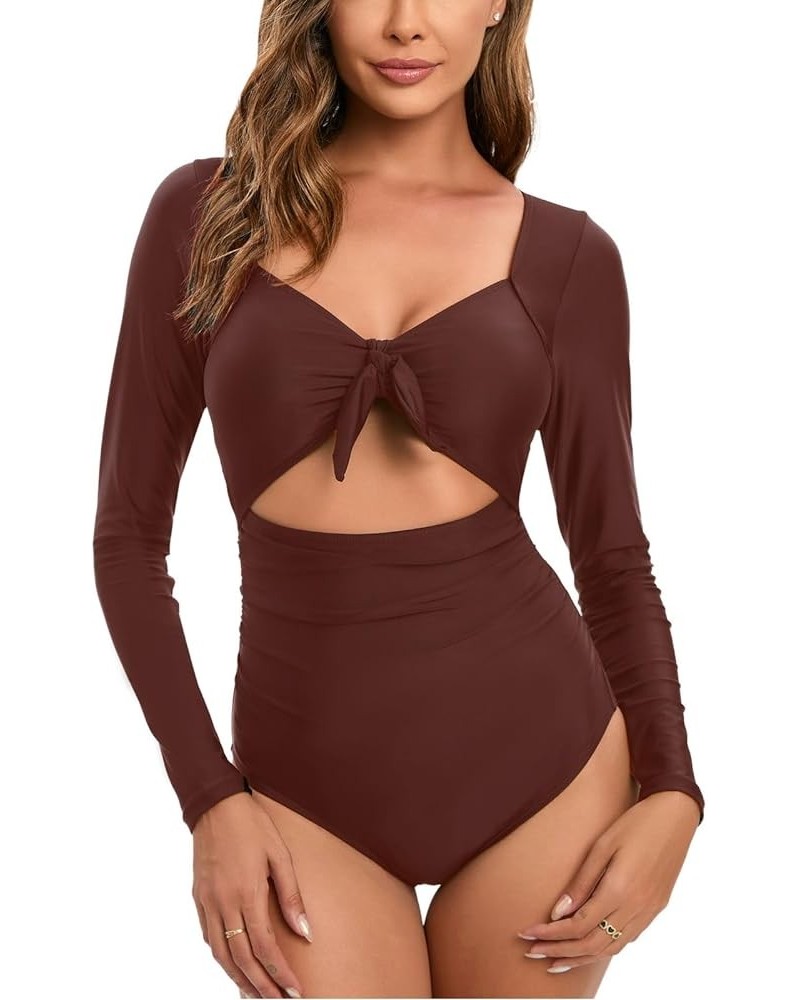 Women's One Piece Long Sleeve Swimsuit Sexy Tummy Control high Waist Rash Guard Bathing Suit Brown-567029 $21.83 Swimsuits