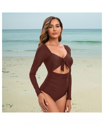 Women's One Piece Long Sleeve Swimsuit Sexy Tummy Control high Waist Rash Guard Bathing Suit Brown-567029 $21.83 Swimsuits