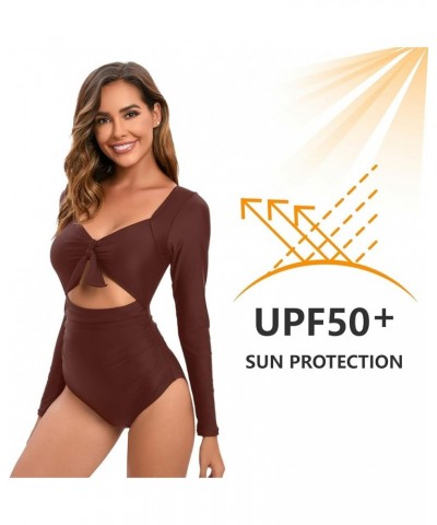 Women's One Piece Long Sleeve Swimsuit Sexy Tummy Control high Waist Rash Guard Bathing Suit Brown-567029 $21.83 Swimsuits