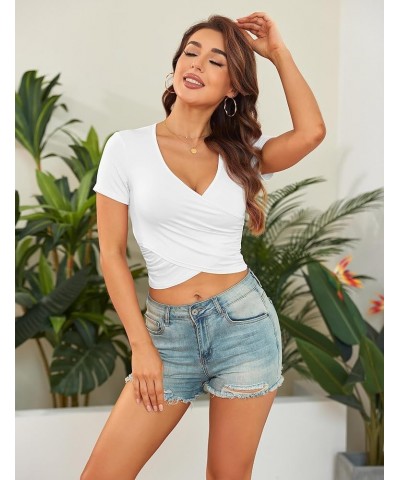 Womens Front Cross Wrap Crop Tops Deep V Neck Sexy Short Sleeve Fitted Going Out T Shirts White $8.66 T-Shirts