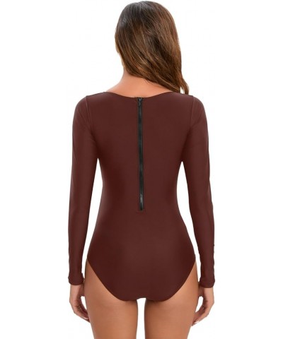 Women's One Piece Long Sleeve Swimsuit Sexy Tummy Control high Waist Rash Guard Bathing Suit Brown-567029 $21.83 Swimsuits