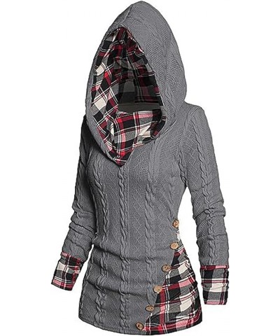 Plaid Splicing Button Decor Cable Hoodie,Womens Casual Long Sleeve Pullover Fall Winter Sweatshirt Grey Small $20.64 Hoodies ...