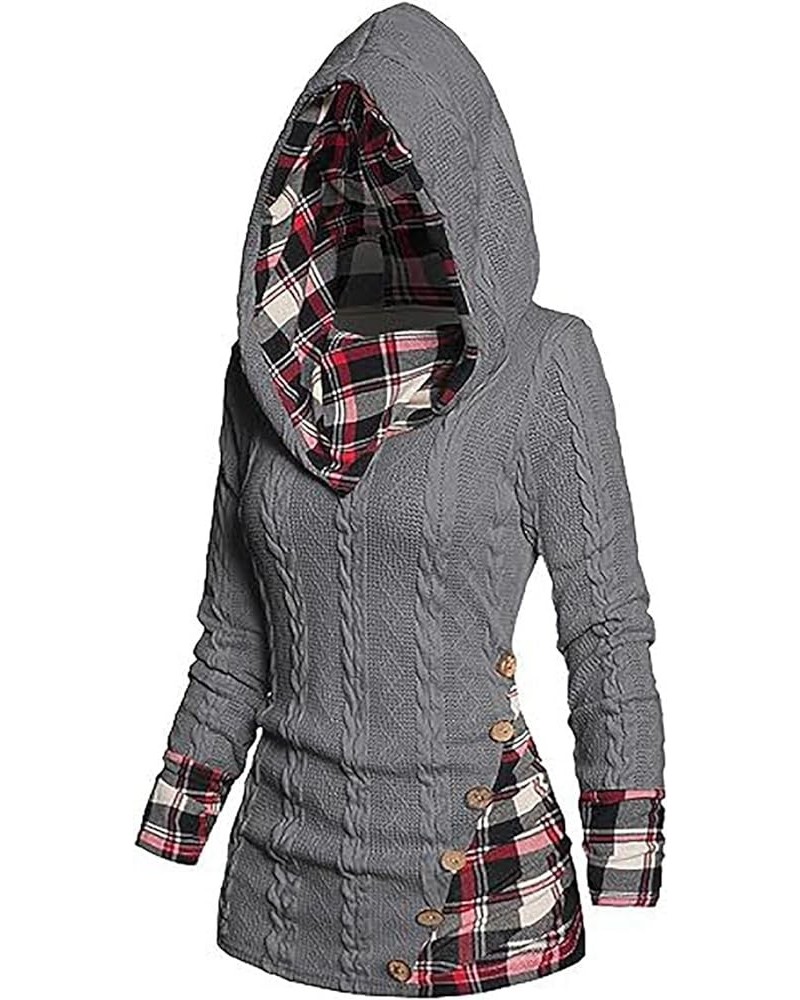 Plaid Splicing Button Decor Cable Hoodie,Womens Casual Long Sleeve Pullover Fall Winter Sweatshirt Grey Small $20.64 Hoodies ...