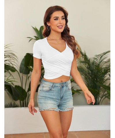 Womens Front Cross Wrap Crop Tops Deep V Neck Sexy Short Sleeve Fitted Going Out T Shirts White $8.66 T-Shirts