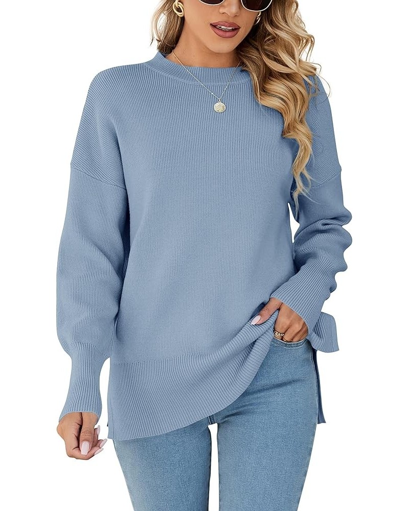 Womens Oversized Sweaters 2023 Fall Crew Neck Long Sleeve Ribbed Knit Slouchy Side Slit Pullover Tunic Tops Blue $11.88 Sweaters