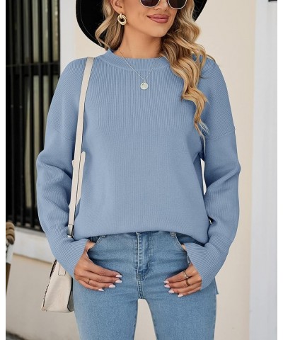 Womens Oversized Sweaters 2023 Fall Crew Neck Long Sleeve Ribbed Knit Slouchy Side Slit Pullover Tunic Tops Blue $11.88 Sweaters