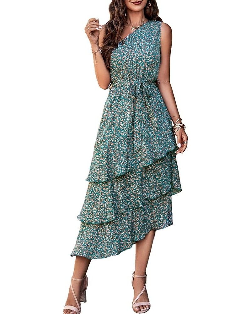 Women's Summer Floral Sundress Casual One Shoulder Tiered Ruffle Flowy Midi Beach Boho Dresses Floral Olive Green $23.39 Dresses