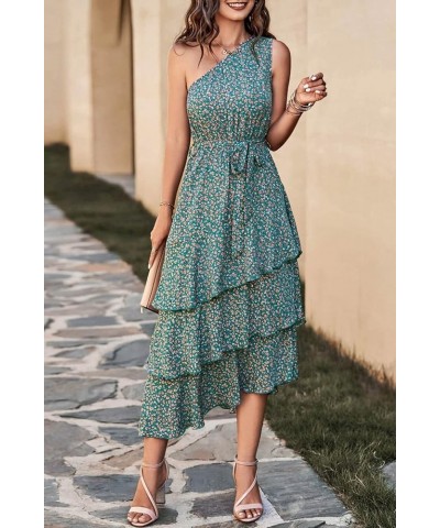 Women's Summer Floral Sundress Casual One Shoulder Tiered Ruffle Flowy Midi Beach Boho Dresses Floral Olive Green $23.39 Dresses