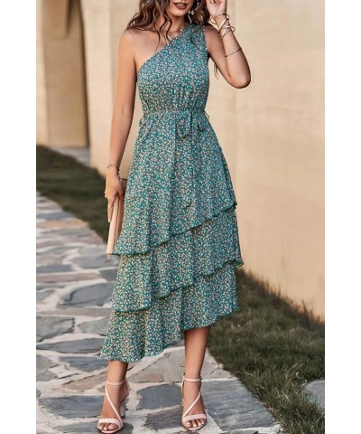 Women's Summer Floral Sundress Casual One Shoulder Tiered Ruffle Flowy Midi Beach Boho Dresses Floral Olive Green $23.39 Dresses