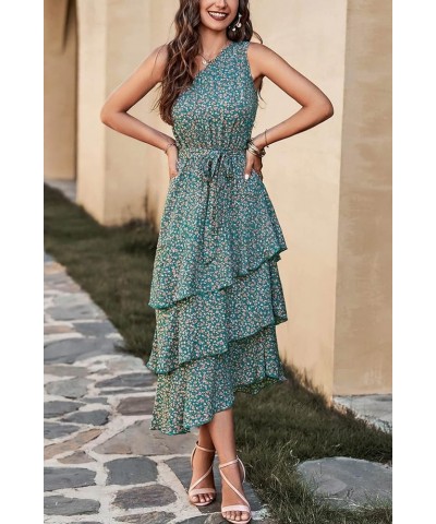 Women's Summer Floral Sundress Casual One Shoulder Tiered Ruffle Flowy Midi Beach Boho Dresses Floral Olive Green $23.39 Dresses