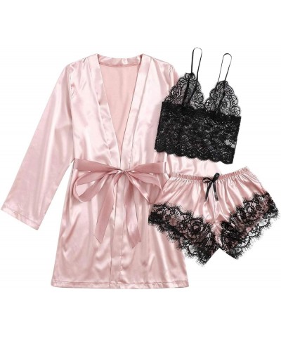 Sleepwear for Women 3 Piece Stripe Satin Pajama Set Lingerie Lace Cami Pj Set Sexy V Neck Cami Top with Robe 01 Pink $5.35 Sl...