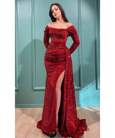 Women's Sequin Mermaid Prom Dress with Sleeves Pleated Formal Evening Gowns with Slit YG278 B Lavender $30.75 Dresses