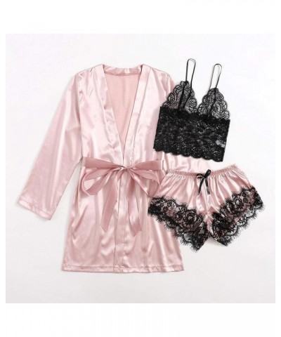 Sleepwear for Women 3 Piece Stripe Satin Pajama Set Lingerie Lace Cami Pj Set Sexy V Neck Cami Top with Robe 01 Pink $5.35 Sl...