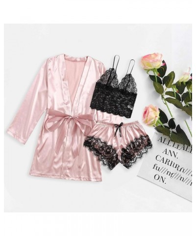 Sleepwear for Women 3 Piece Stripe Satin Pajama Set Lingerie Lace Cami Pj Set Sexy V Neck Cami Top with Robe 01 Pink $5.35 Sl...