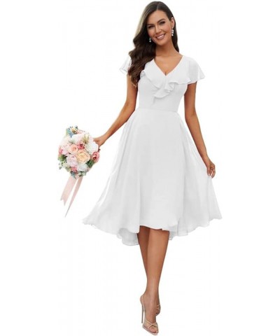 Women's V Neck Flutter Sleeve Bridesmaid Dresses with Pockets Chiffon A-Line Pleated High Low Formal Gown White $23.10 Dresses