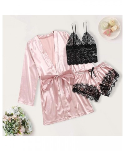 Sleepwear for Women 3 Piece Stripe Satin Pajama Set Lingerie Lace Cami Pj Set Sexy V Neck Cami Top with Robe 01 Pink $5.35 Sl...