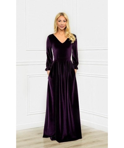 Women's Velvet Long Sleeve Prom Dresses Long V Neck Slit Formal Evening Gowns with Pockets YMS109 A-emerald $39.77 Dresses