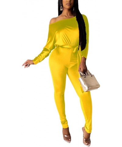 Women Velvet Off Shoulder Jumpsuit Long Sleeve Bodycon Pants Suit One Piece Romper Party Clubwear with Belt Yellow $18.33 Jum...